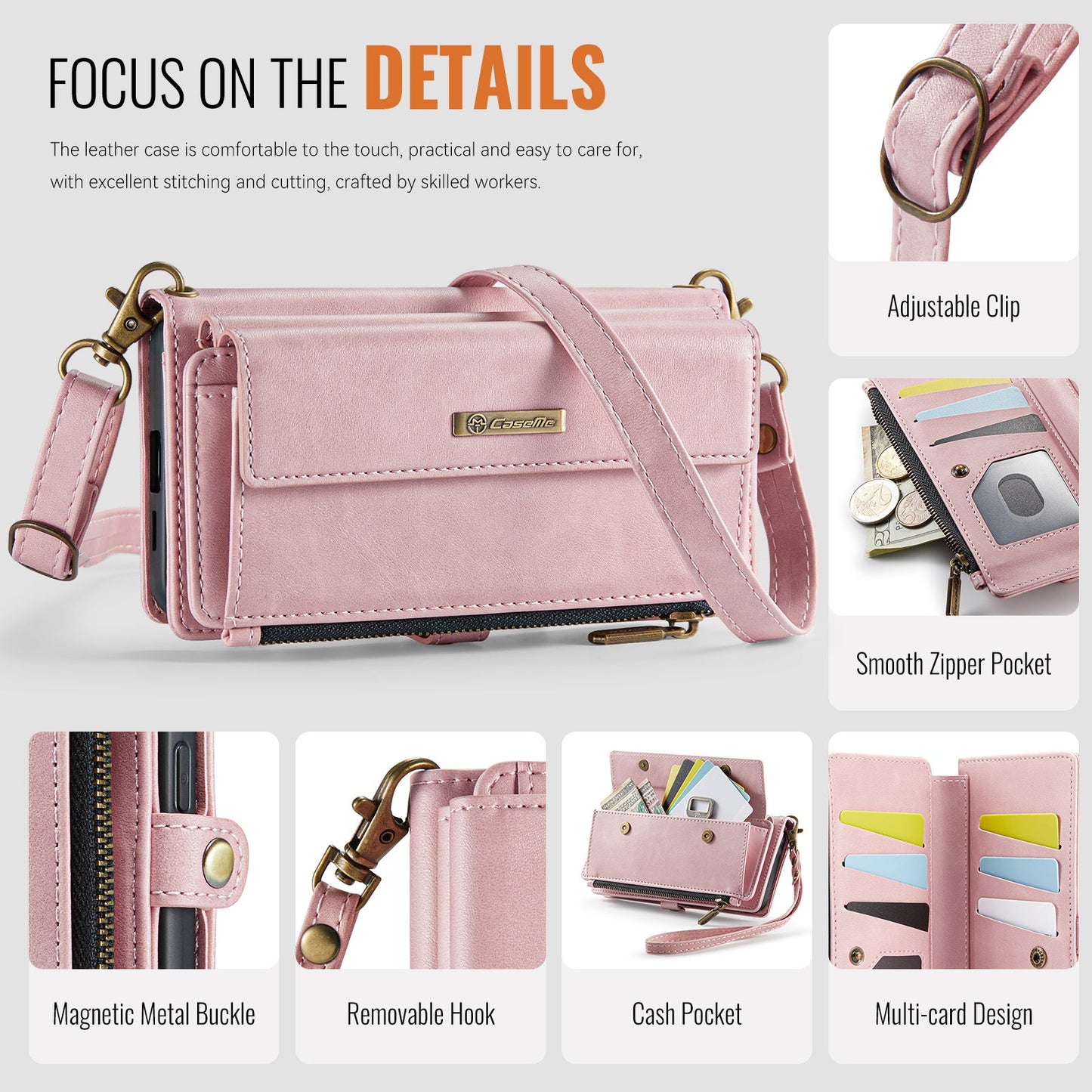 For Samsung Galaxy S24 Case CASEME C39 RFID Blocking Zipper Wallet Stand Leather Cover with Strap - Pink