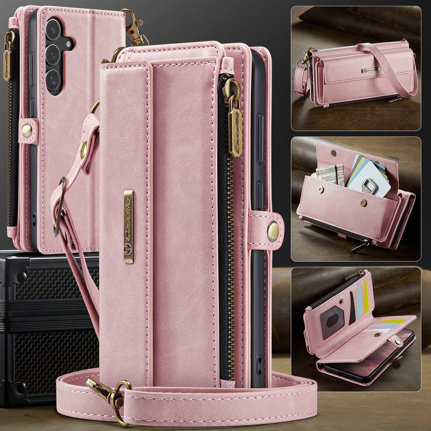 For Samsung Galaxy S24 Case CASEME C39 RFID Blocking Zipper Wallet Stand Leather Cover with Strap - Pink