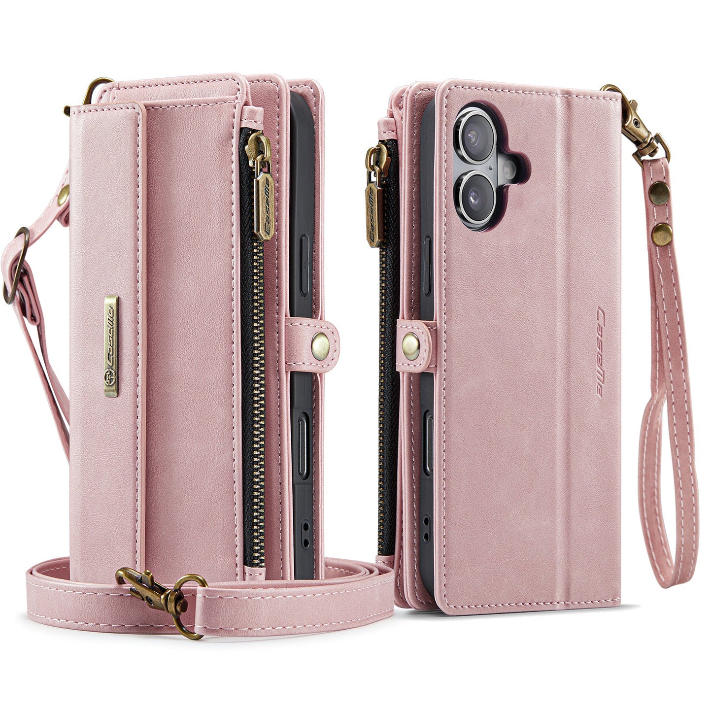 For iPhone 16 Plus CASEME C39 RFID Blocking Zipper Wallet Stand Leather Cover with Strap - Pink