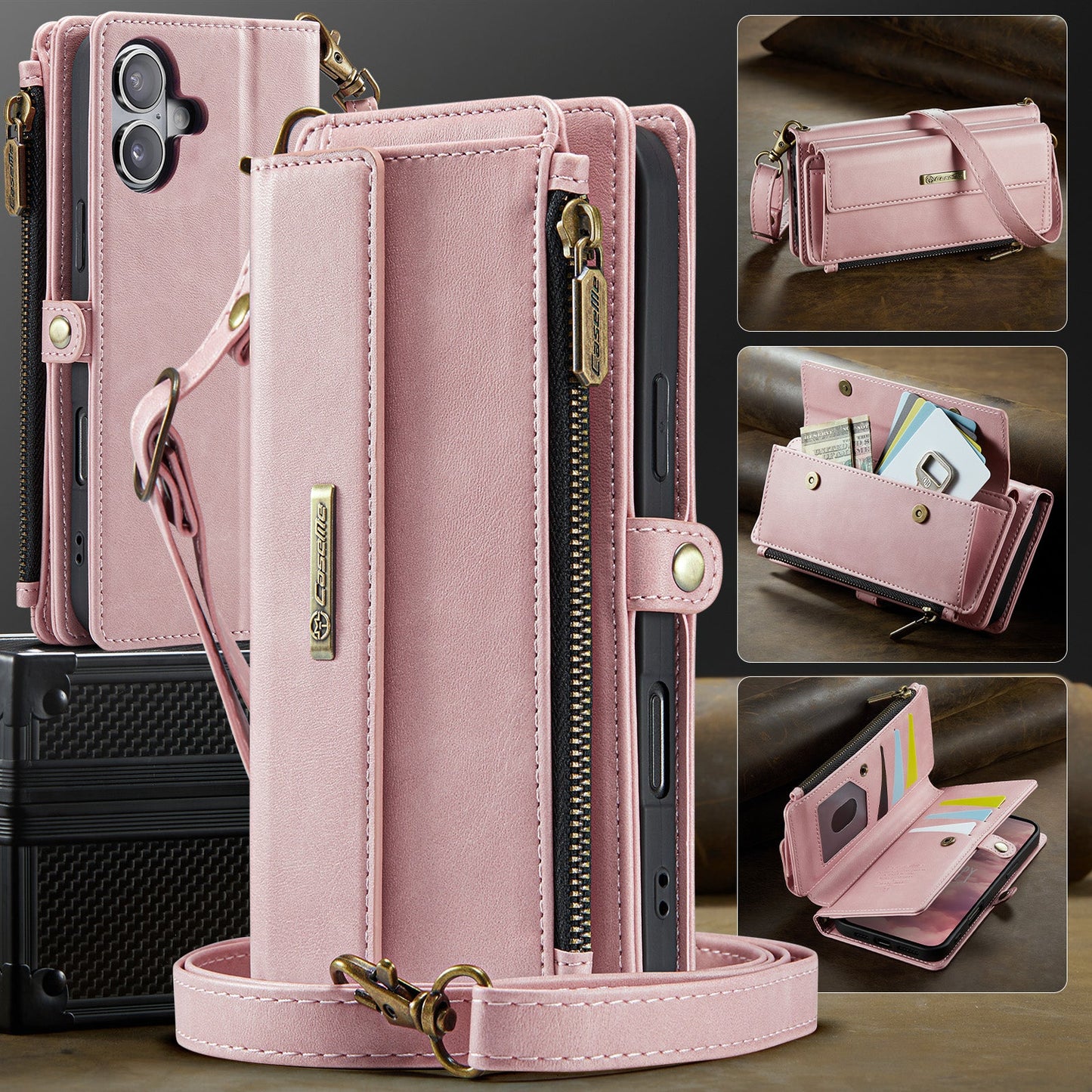 For iPhone 16 Plus CASEME C39 RFID Blocking Zipper Wallet Stand Leather Cover with Strap - Pink