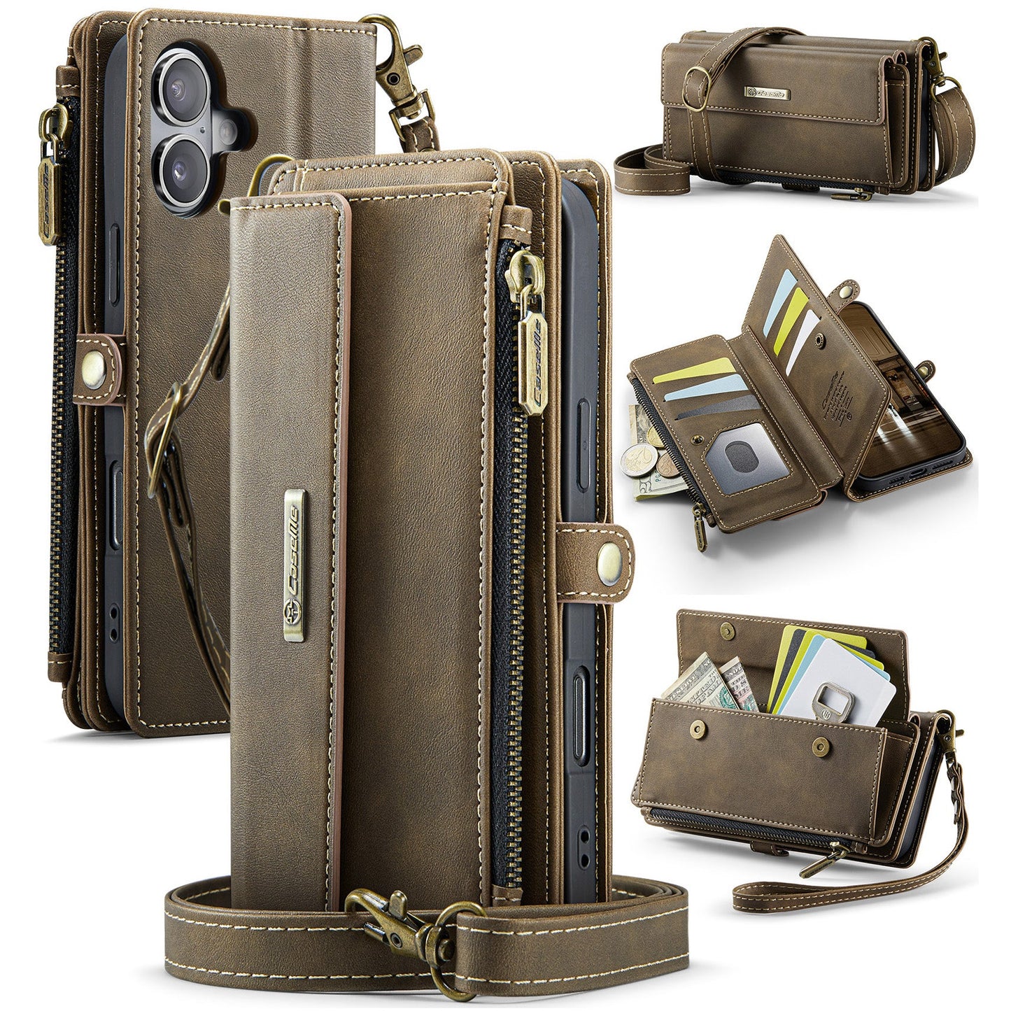 For iPhone 16 CASEME C39 RFID Blocking Zipper Wallet Stand Leather Cover with Strap - Brown