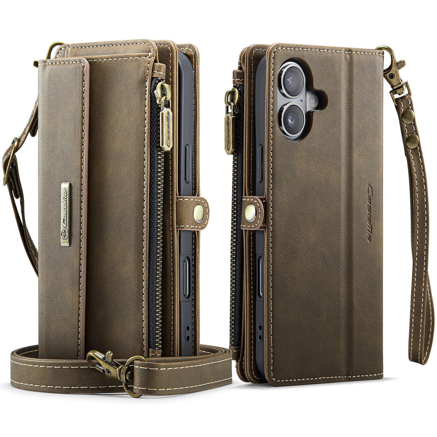 For iPhone 16 CASEME C39 RFID Blocking Zipper Wallet Stand Leather Cover with Strap - Brown