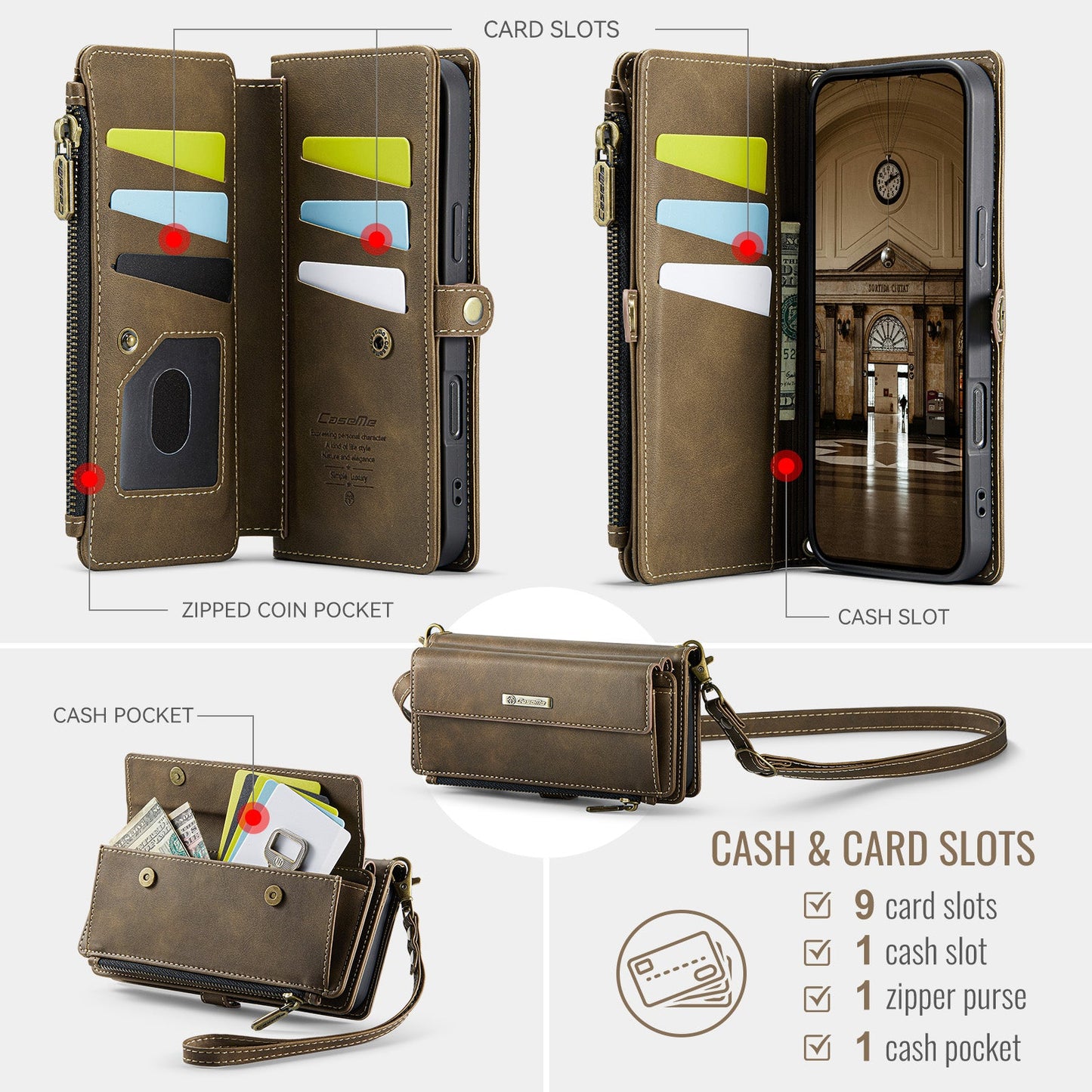 For iPhone 16 CASEME C39 RFID Blocking Zipper Wallet Stand Leather Cover with Strap - Brown