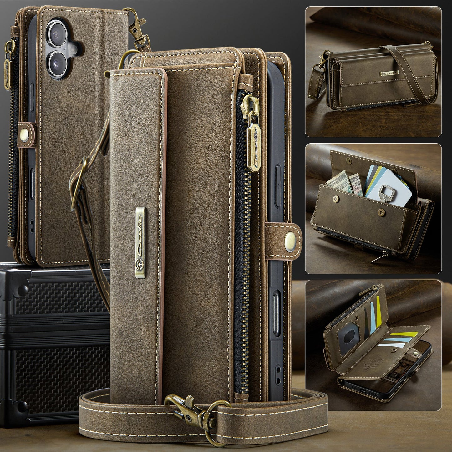 For iPhone 16 CASEME C39 RFID Blocking Zipper Wallet Stand Leather Cover with Strap - Brown