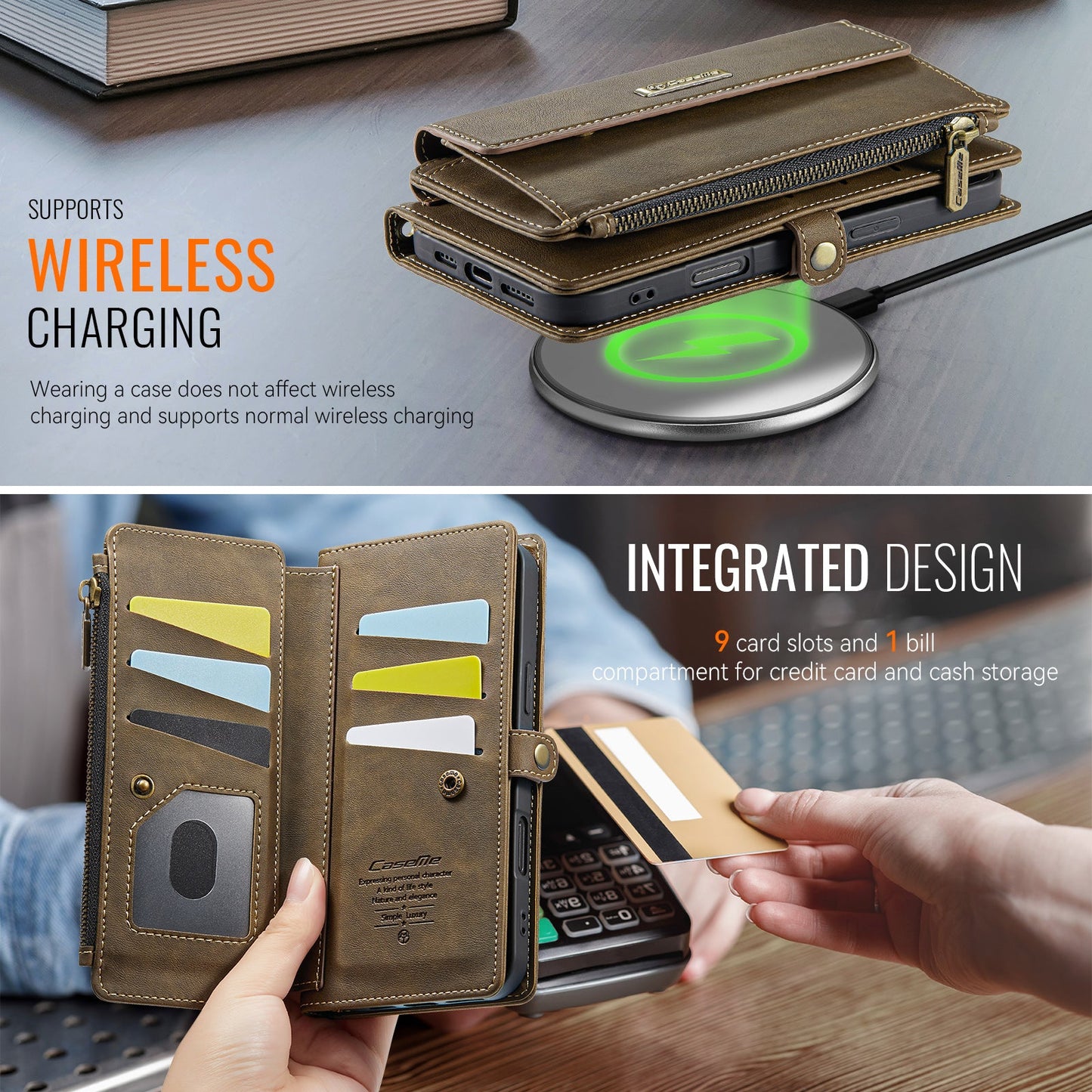 For iPhone 16 CASEME C39 RFID Blocking Zipper Wallet Stand Leather Cover with Strap - Brown