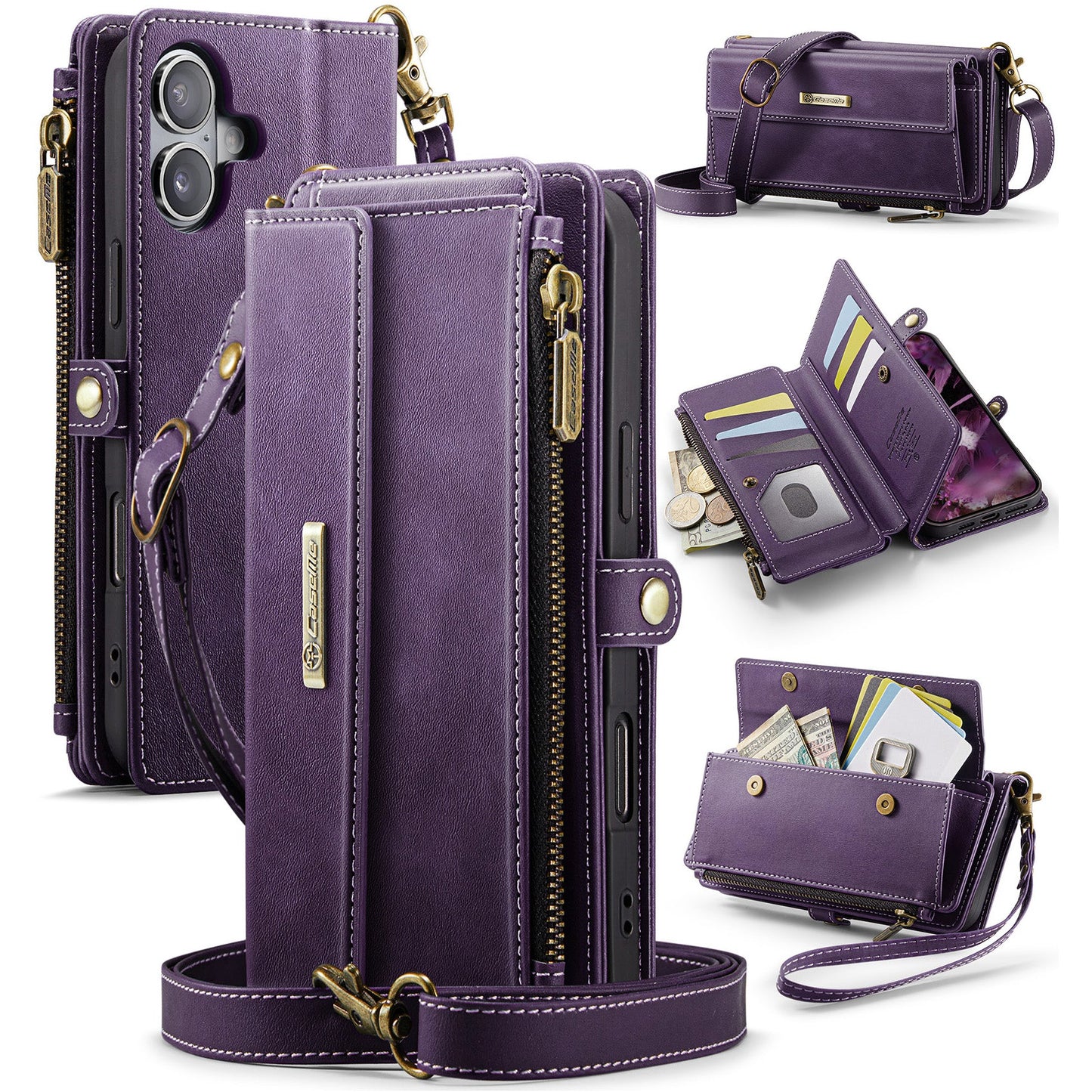 For iPhone 16 CASEME C39 RFID Blocking Zipper Wallet Stand Leather Cover with Strap - Purple