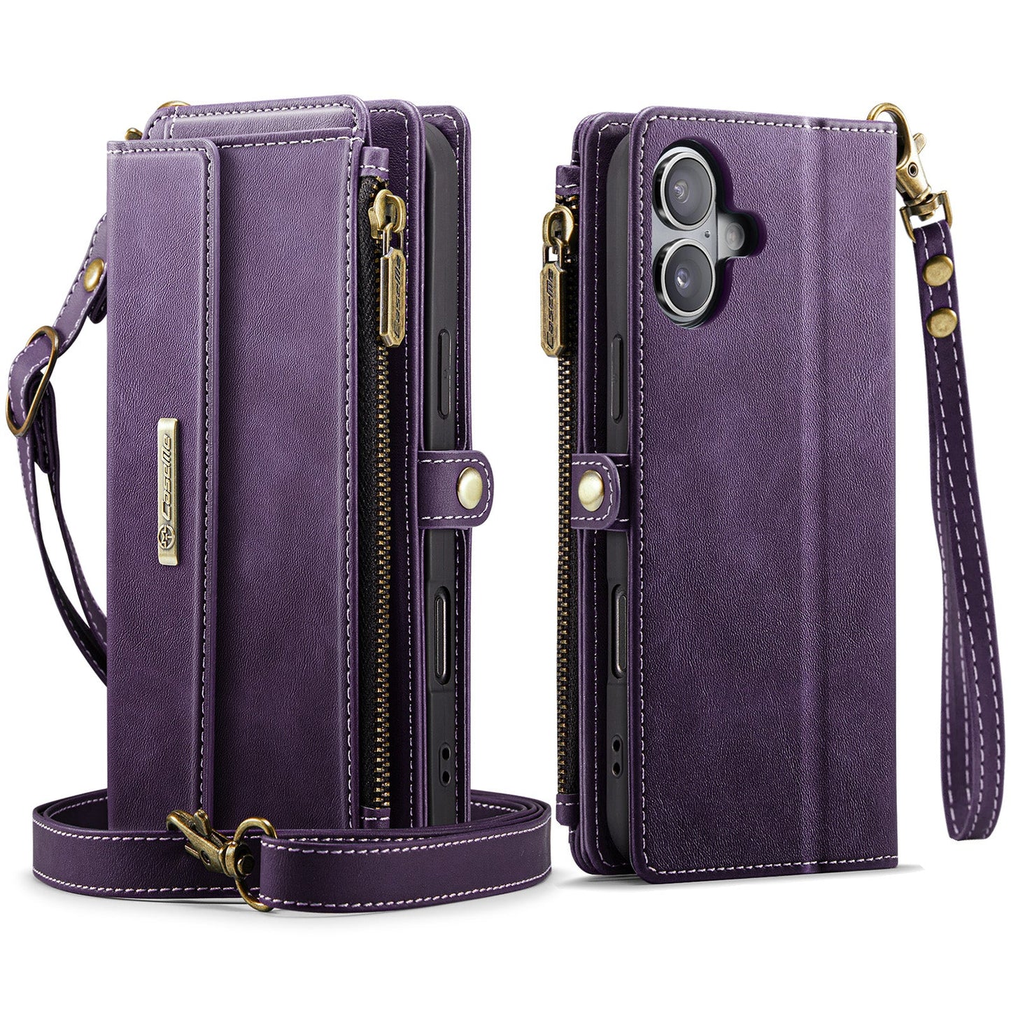 For iPhone 16 CASEME C39 RFID Blocking Zipper Wallet Stand Leather Cover with Strap - Purple