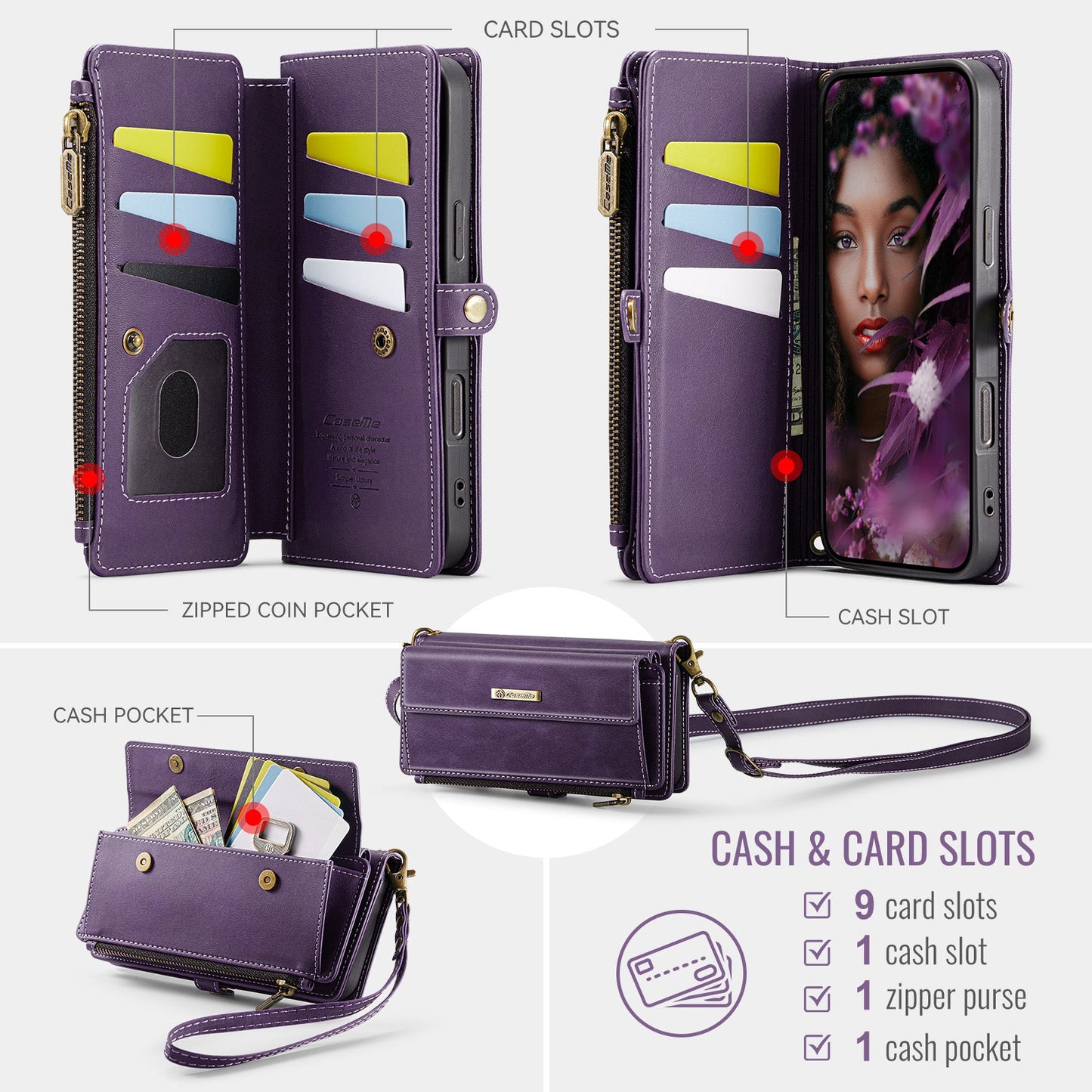 For iPhone 16 CASEME C39 RFID Blocking Zipper Wallet Stand Leather Cover with Strap - Purple