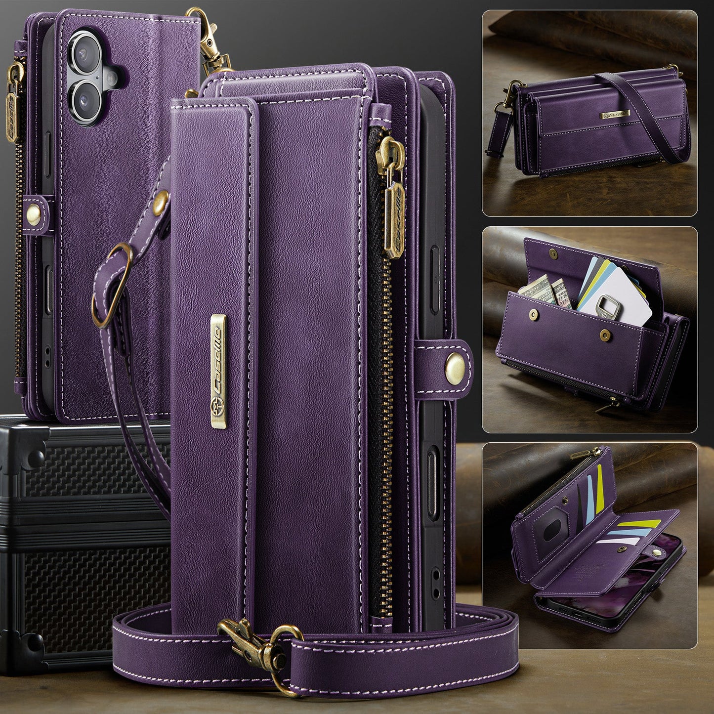 For iPhone 16 CASEME C39 RFID Blocking Zipper Wallet Stand Leather Cover with Strap - Purple