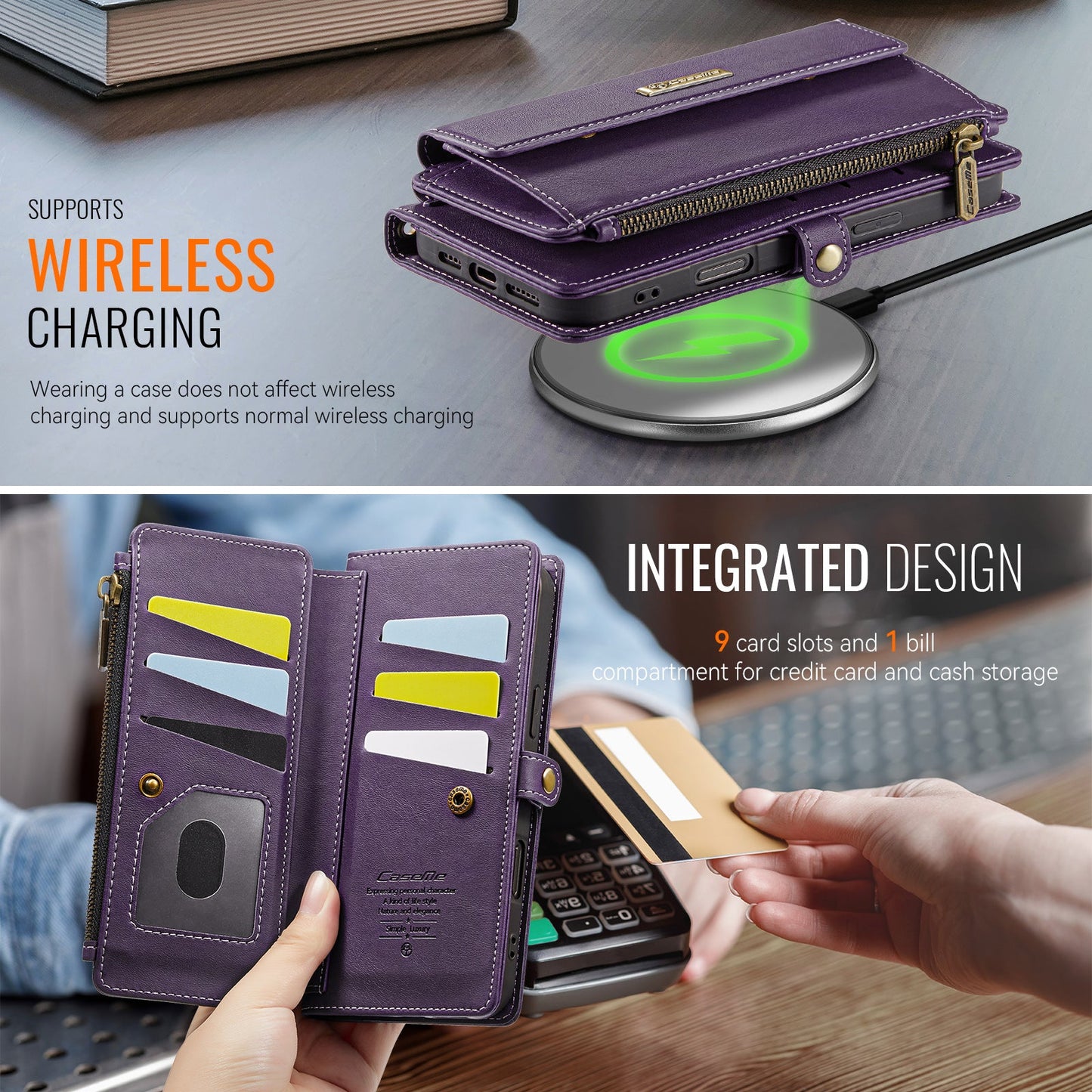 For iPhone 16 CASEME C39 RFID Blocking Zipper Wallet Stand Leather Cover with Strap - Purple
