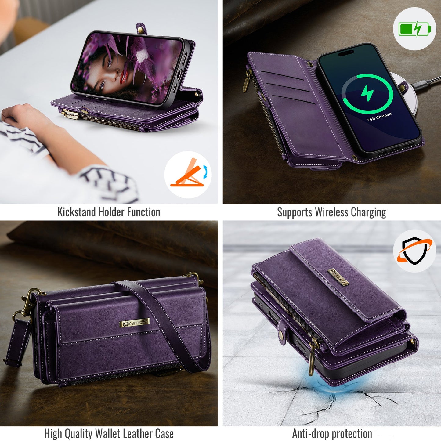 For iPhone 16 CASEME C39 RFID Blocking Zipper Wallet Stand Leather Cover with Strap - Purple