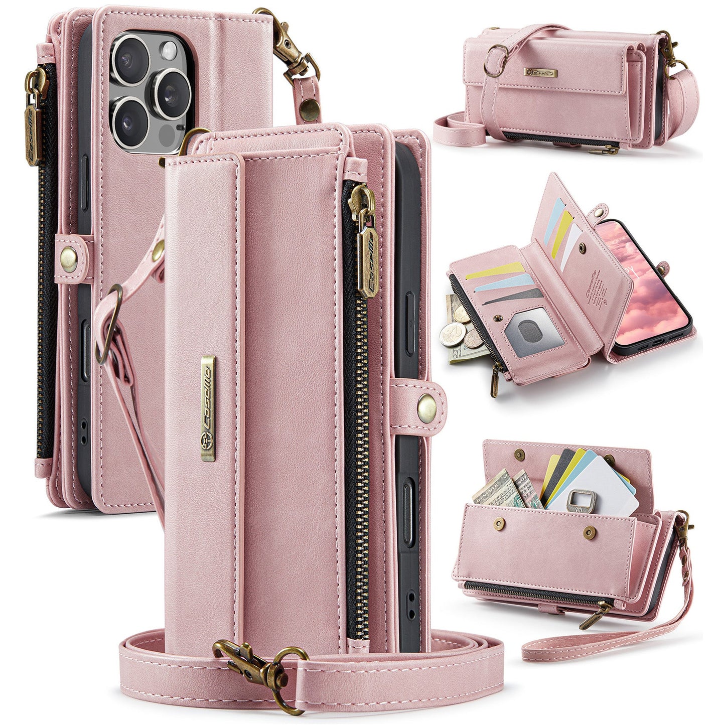 For iPhone 16 Pro CASEME Case C39 RFID Blocking Zipper Wallet Stand Leather Cover with Strap - Pink