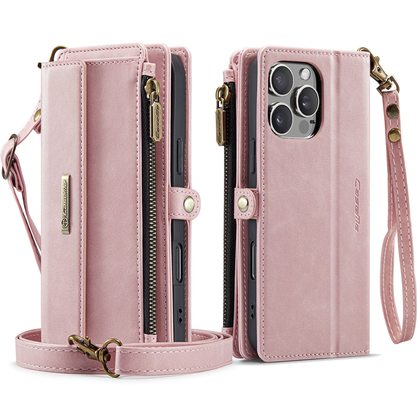For iPhone 16 Pro CASEME Case C39 RFID Blocking Zipper Wallet Stand Leather Cover with Strap - Pink