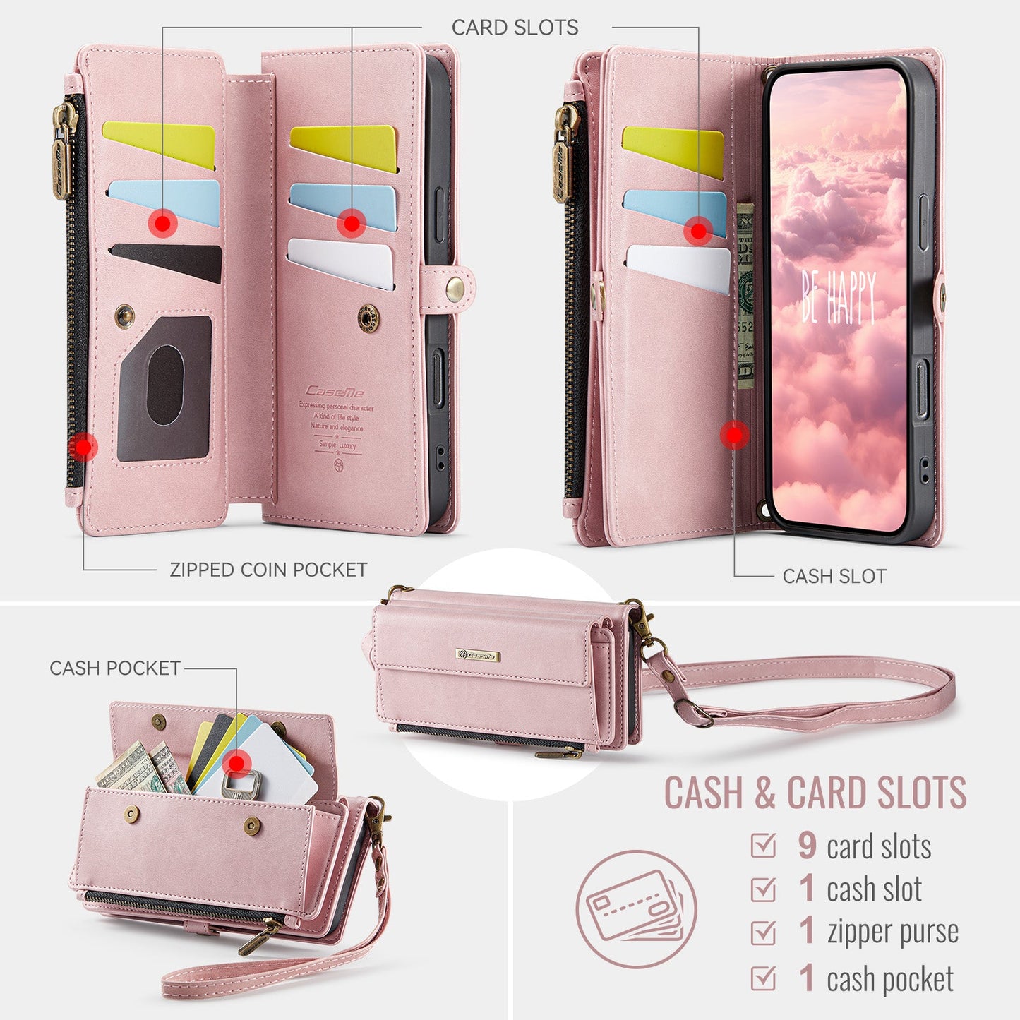 For iPhone 16 Pro CASEME Case C39 RFID Blocking Zipper Wallet Stand Leather Cover with Strap - Pink