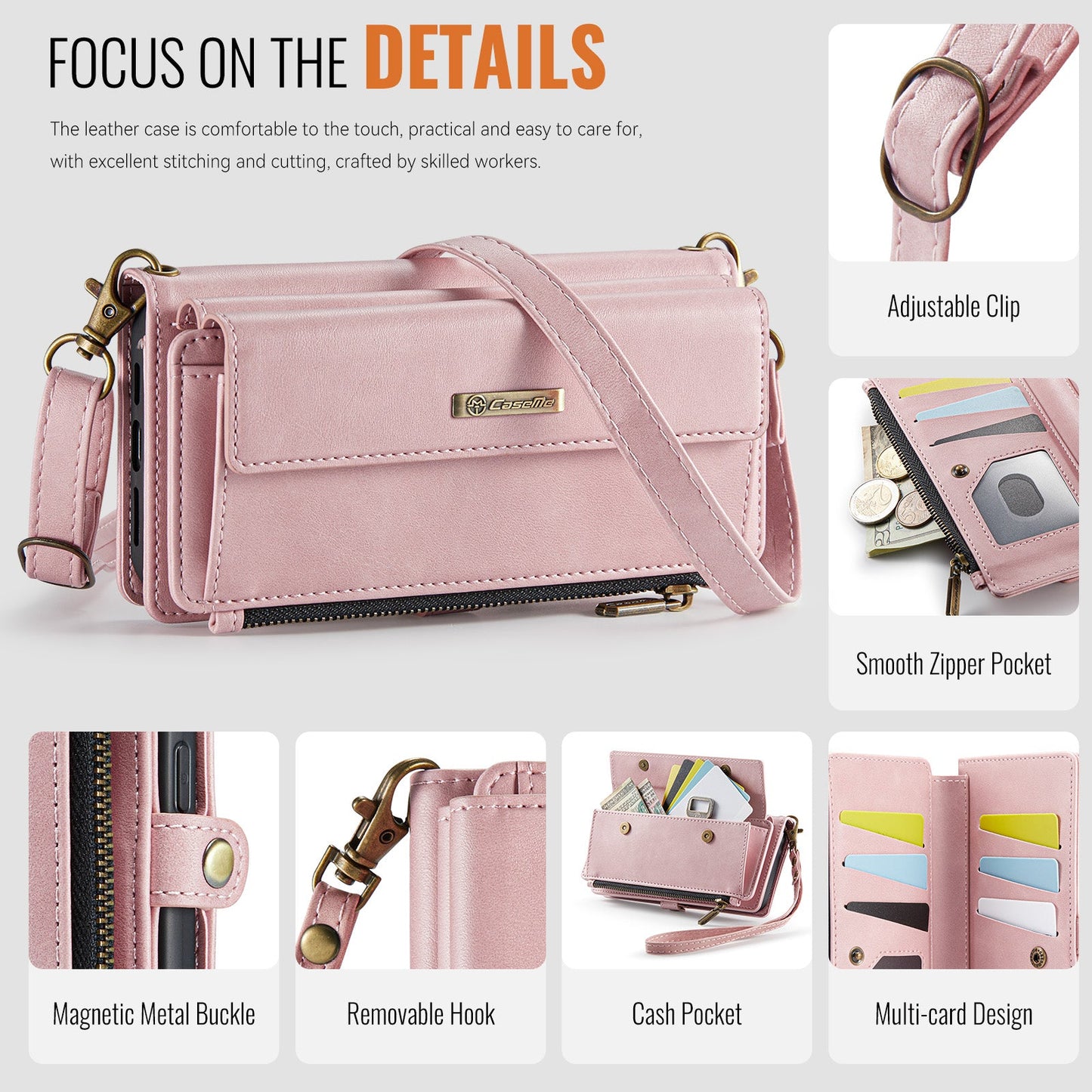 For iPhone 16 Pro CASEME Case C39 RFID Blocking Zipper Wallet Stand Leather Cover with Strap - Pink