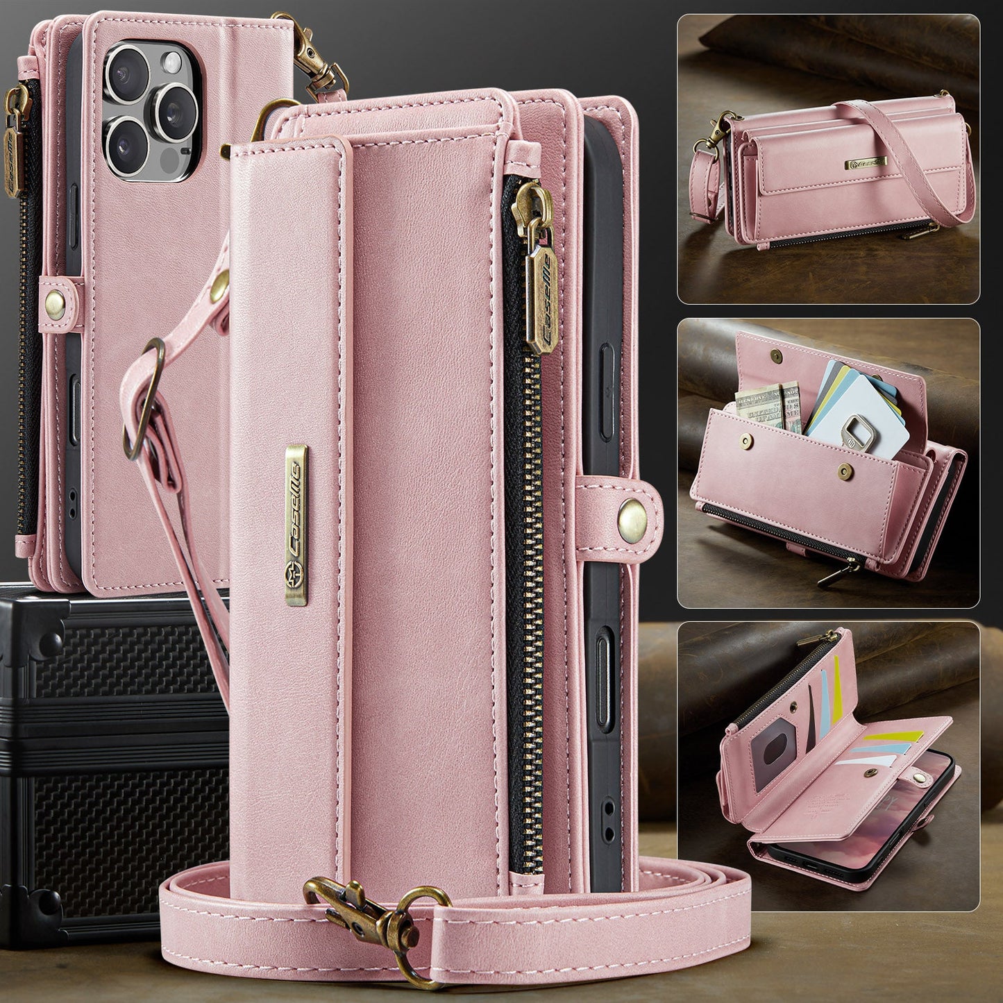 For iPhone 16 Pro CASEME Case C39 RFID Blocking Zipper Wallet Stand Leather Cover with Strap - Pink