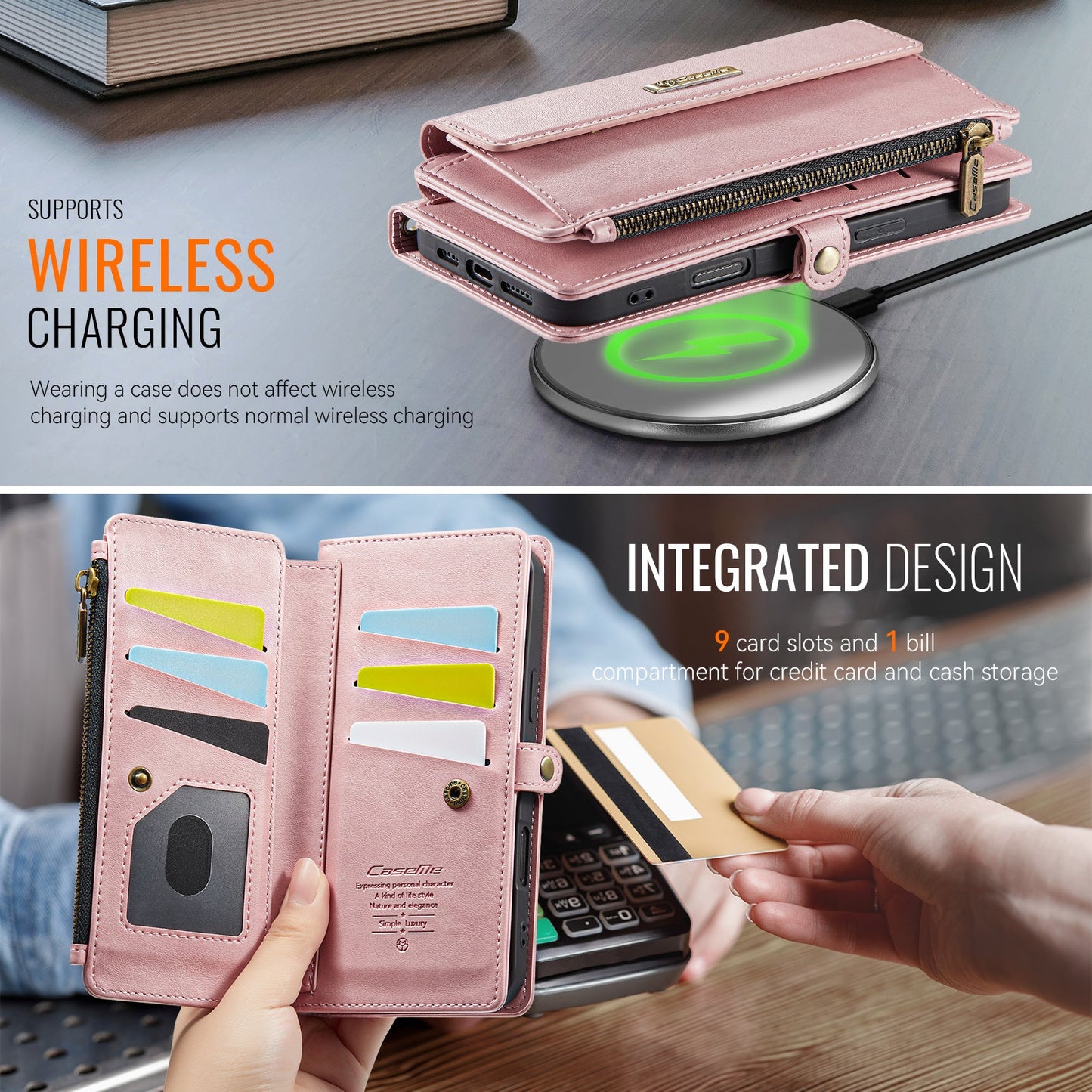 For iPhone 16 Pro CASEME Case C39 RFID Blocking Zipper Wallet Stand Leather Cover with Strap - Pink