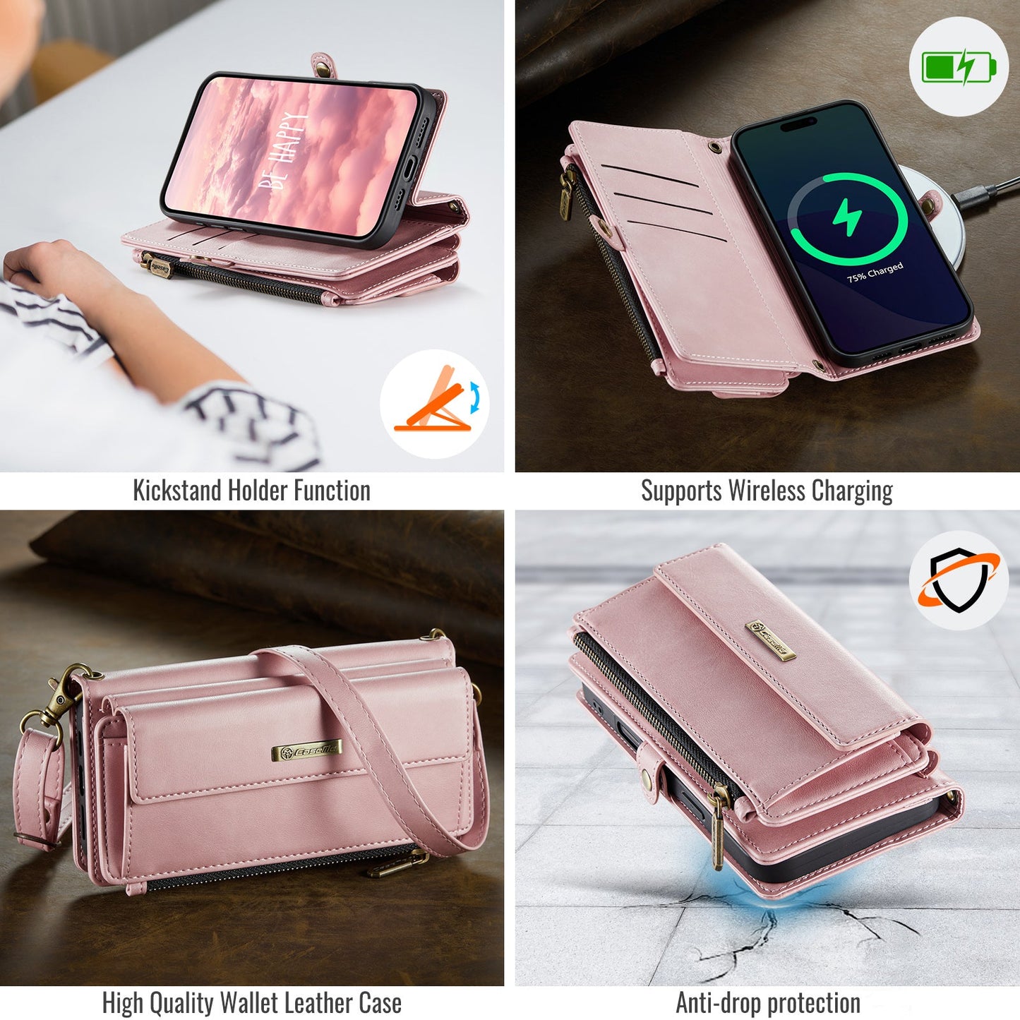 For iPhone 16 Pro CASEME Case C39 RFID Blocking Zipper Wallet Stand Leather Cover with Strap - Pink