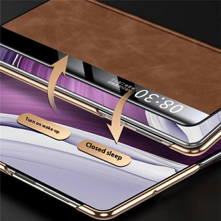 For Huawei Mate X6 Case Leather Protective Cover with Smart Window Auto Wake Up - Coffee Brown / Gold