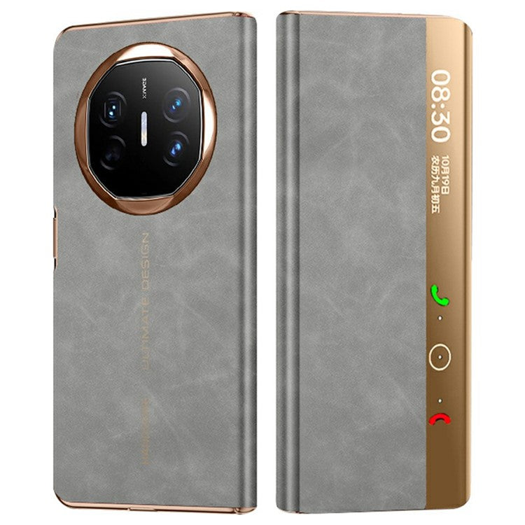 For Huawei Mate X6 Case Leather Protective Cover with Smart Window Auto Wake Up - Grey / Gold