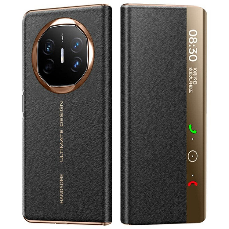 For Huawei Mate X6 Case View Window Auto Wake / Sleep Leather Flip Phone Cover Litchi Texture - Black / Gold