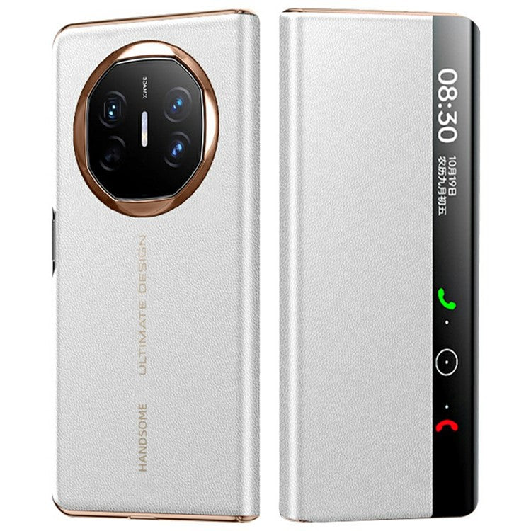 For Huawei Mate X6 Case View Window Auto Wake / Sleep Leather Flip Phone Cover Litchi Texture - Ivory White