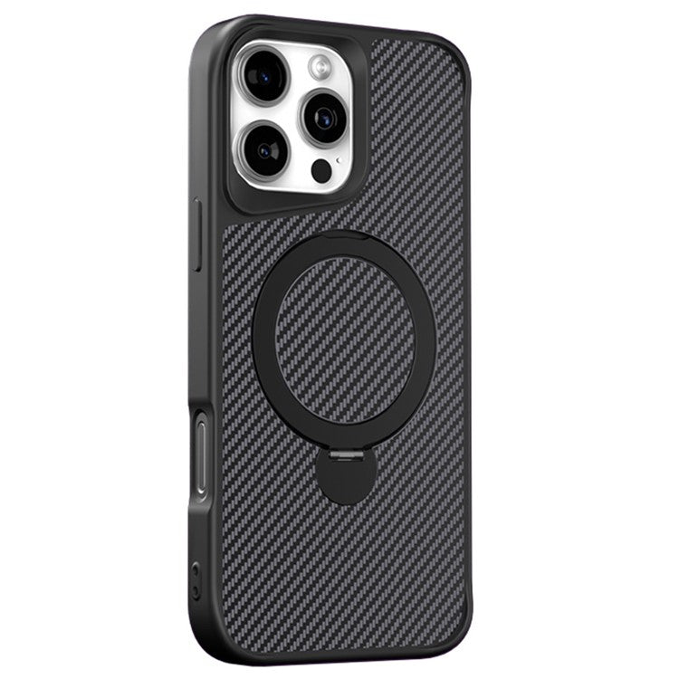 For iPhone 16 Pro Phone Case with Magnetic Kickstand TPU+PC Carbon Fiber Back Cover - Black