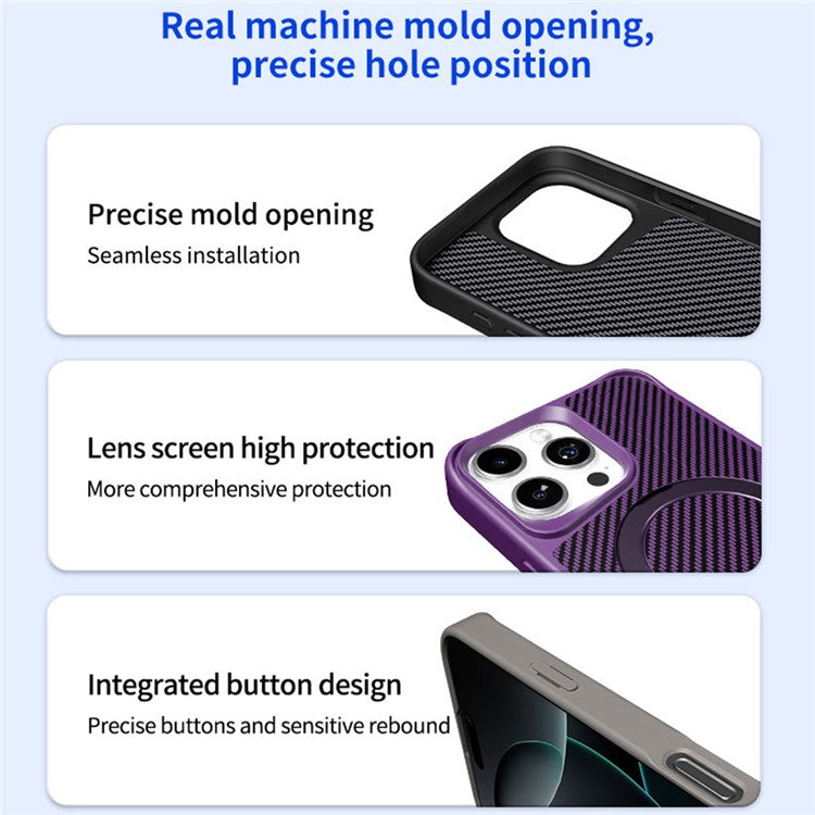 For iPhone 16 Pro Phone Case with Magnetic Kickstand TPU+PC Carbon Fiber Back Cover - Black