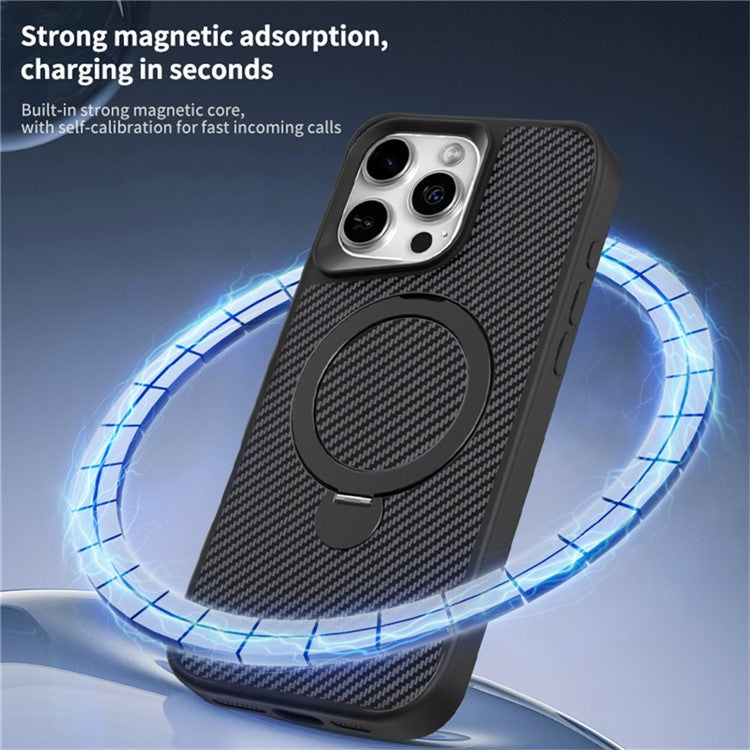 For iPhone 16 Pro Phone Case with Magnetic Kickstand TPU+PC Carbon Fiber Back Cover - Black
