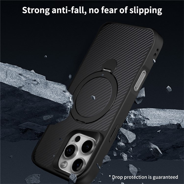 For iPhone 16 Pro Phone Case with Magnetic Kickstand TPU+PC Carbon Fiber Back Cover - Black