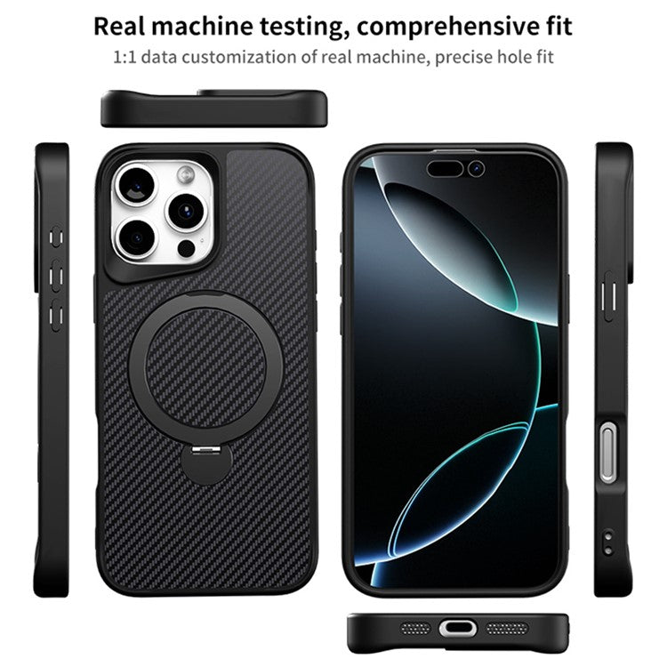 For iPhone 16 Pro Phone Case with Magnetic Kickstand TPU+PC Carbon Fiber Back Cover - Black