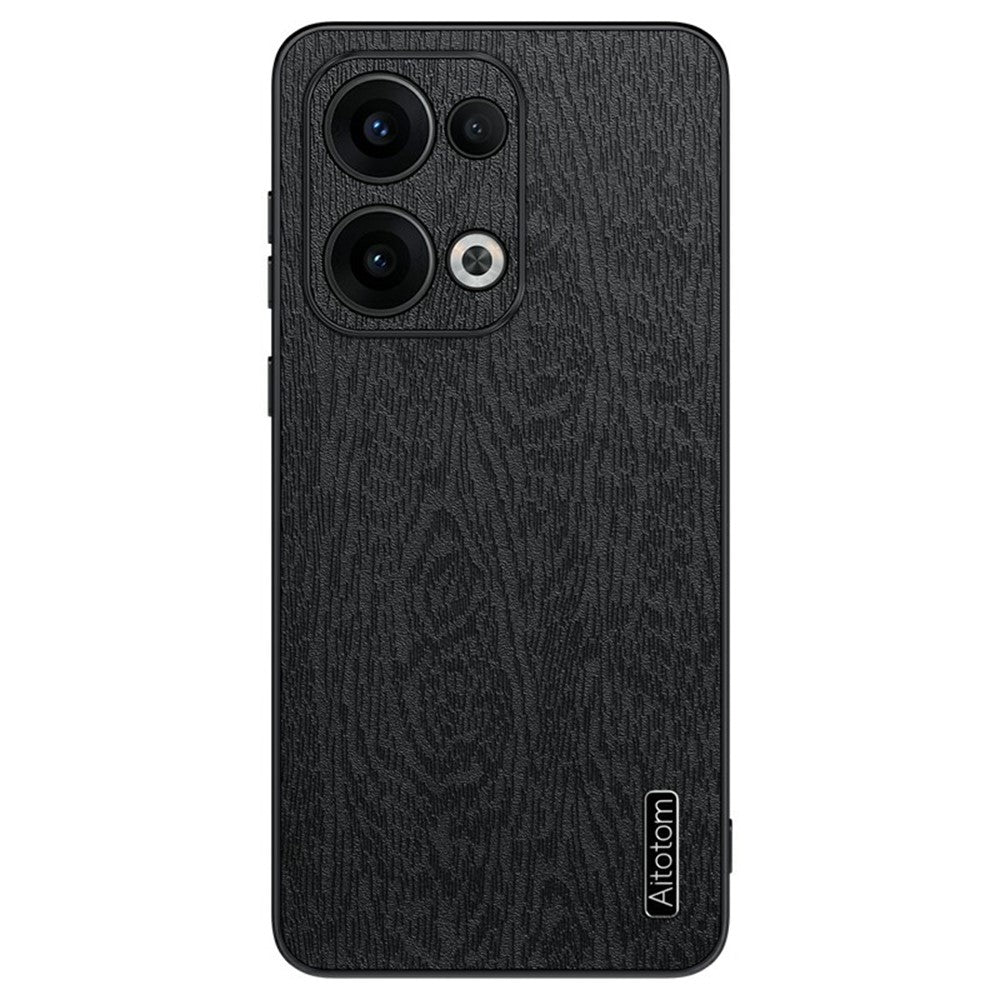 For Oppo Reno13 5G (Global) Case Wood Texture PU Leather Coated PC+TPU Phone Cover - Black