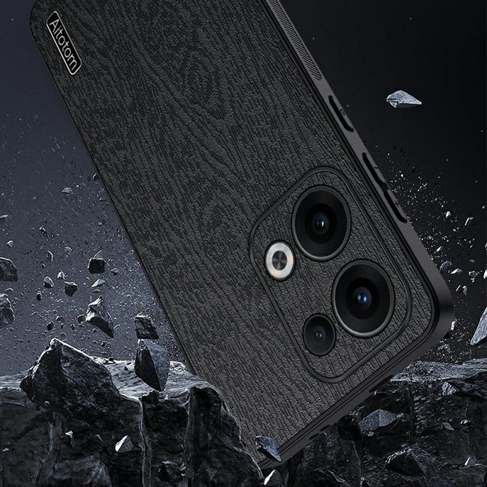 For Oppo Reno13 5G (Global) Case Wood Texture PU Leather Coated PC+TPU Phone Cover - Brown