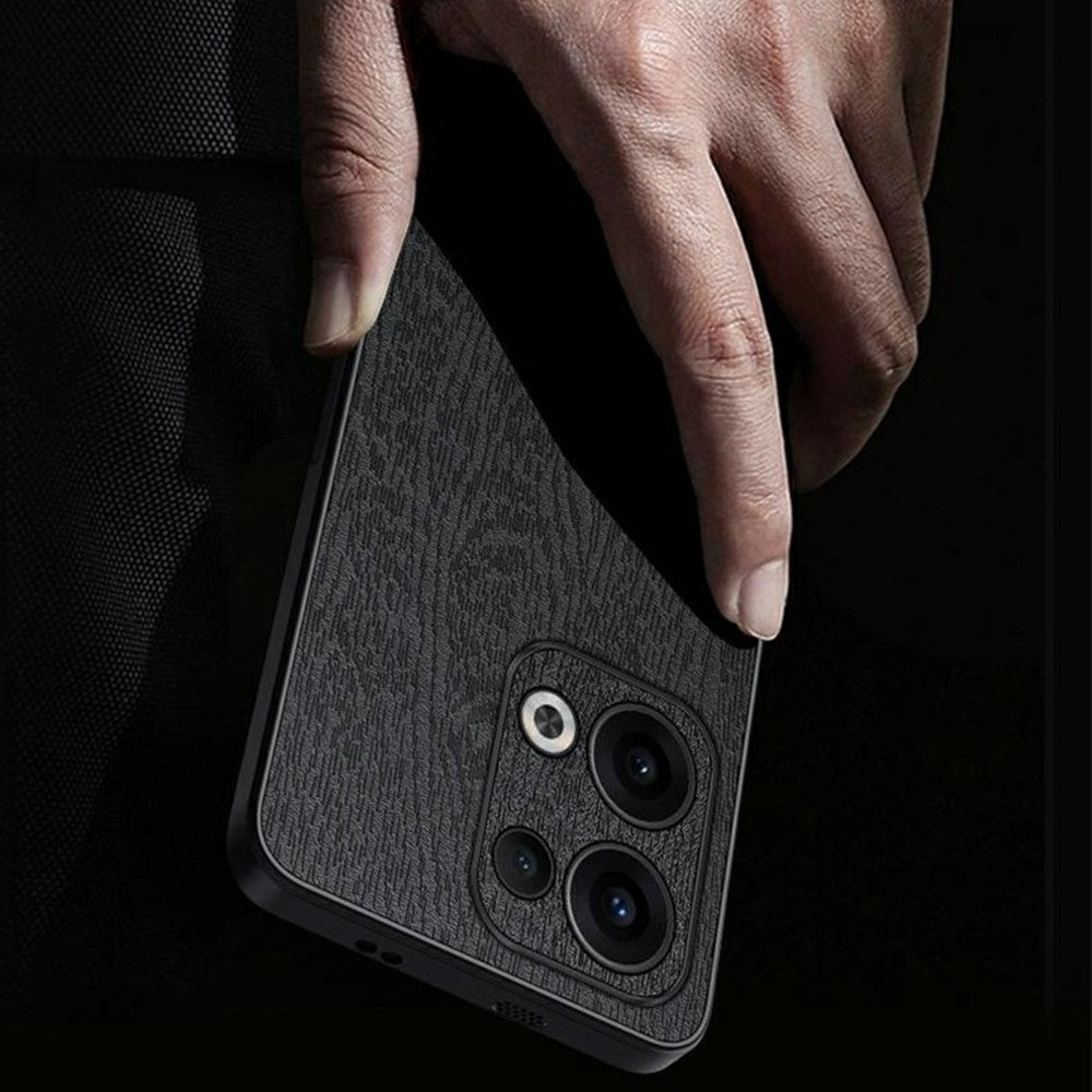 For Oppo Reno13 5G (Global) Case Wood Texture PU Leather Coated PC+TPU Phone Cover - Brown