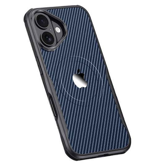For iPhone 16 Plus Case Compatible with MagSafe Carbon Fiber Texture PU+PC+Silicone Phone Cover - Sapphire