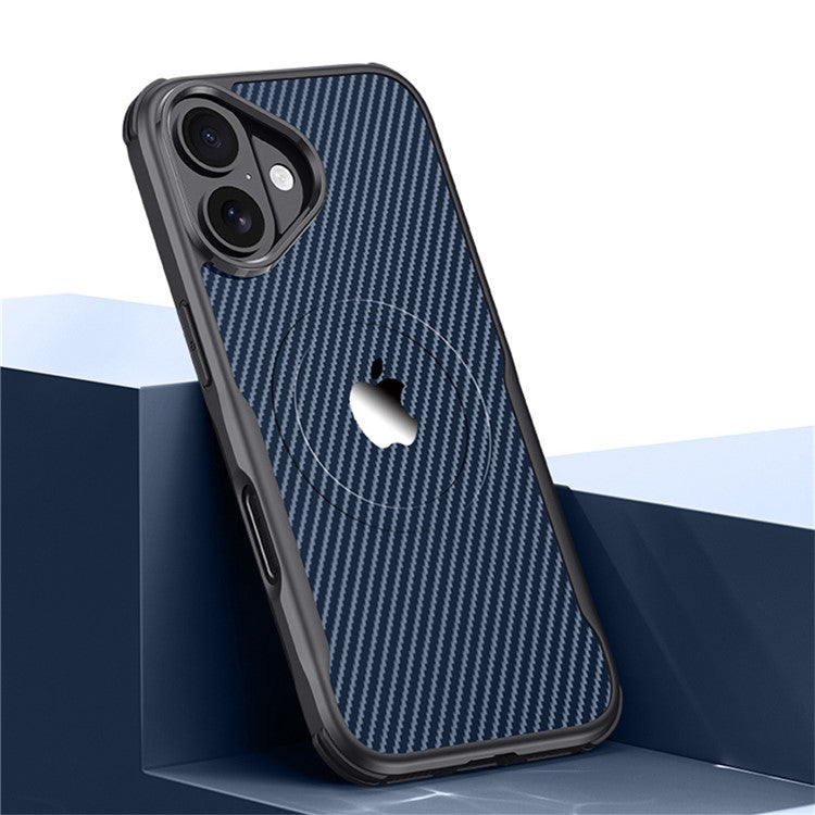 For iPhone 16 Plus Case Compatible with MagSafe Carbon Fiber Texture PU+PC+Silicone Phone Cover - Sapphire
