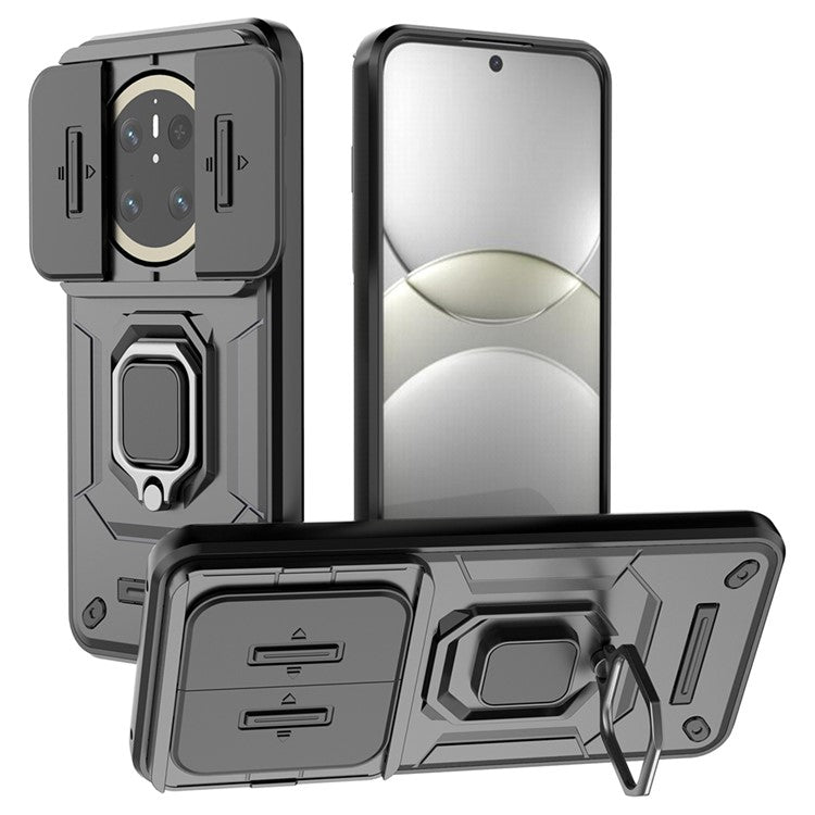 For Huawei Mate 70 Case PC+TPU Kickstand Phone Protector with Lens Cover - Black