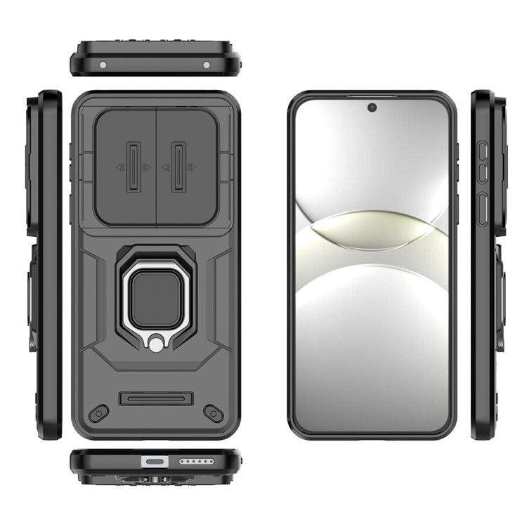 For Huawei Mate 70 Case PC+TPU Kickstand Phone Protector with Lens Cover - Black