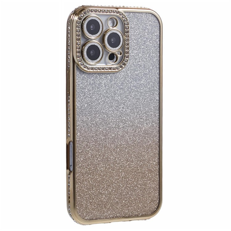 For iPhone 16 Pro Case Camera Lens Guard Clear Phone Back Cover Rhinestone Decor With Glitter Paper - Gradient Gold