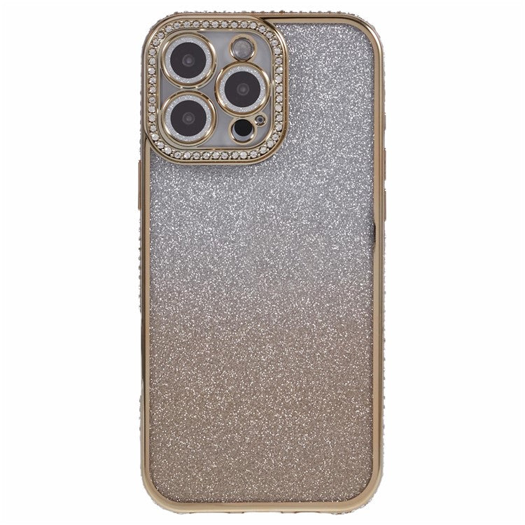 For iPhone 16 Pro Case Camera Lens Guard Clear Phone Back Cover Rhinestone Decor With Glitter Paper - Gradient Gold