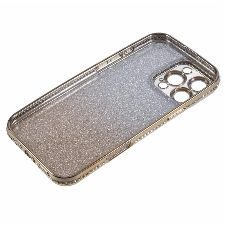 For iPhone 16 Pro Case Camera Lens Guard Clear Phone Back Cover Rhinestone Decor With Glitter Paper - Gradient Gold