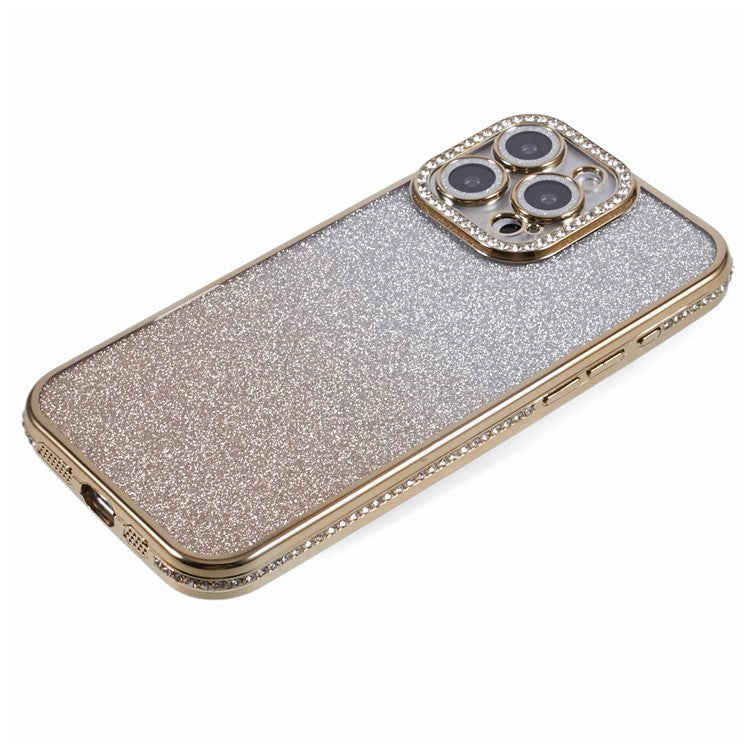 For iPhone 16 Pro Case Camera Lens Guard Clear Phone Back Cover Rhinestone Decor With Glitter Paper - Gradient Gold