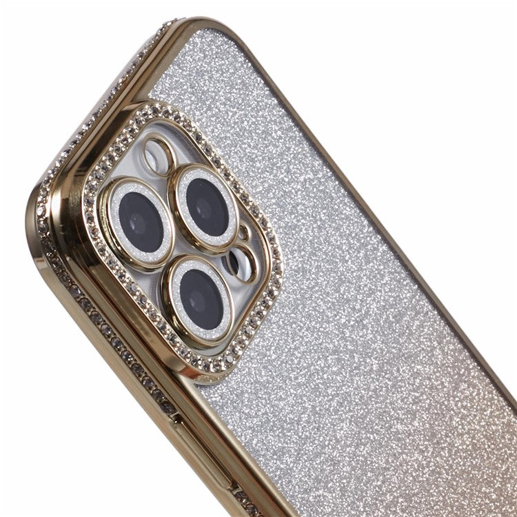 For iPhone 16 Pro Case Camera Lens Guard Clear Phone Back Cover Rhinestone Decor With Glitter Paper - Gradient Gold
