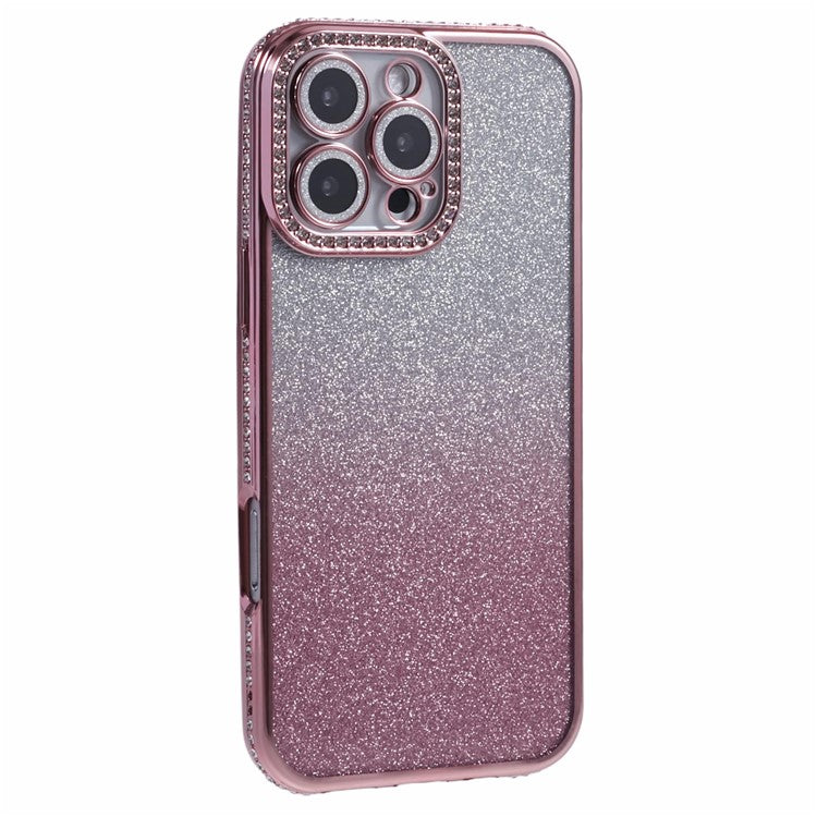 For iPhone 16 Pro Case Camera Lens Guard Clear Phone Back Cover Rhinestone Decor With Glitter Paper - Gradient Pink