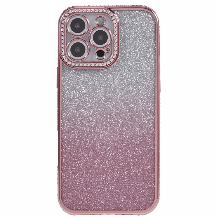 For iPhone 16 Pro Case Camera Lens Guard Clear Phone Back Cover Rhinestone Decor With Glitter Paper - Gradient Pink