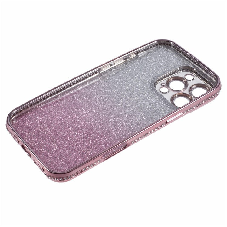 For iPhone 16 Pro Case Camera Lens Guard Clear Phone Back Cover Rhinestone Decor With Glitter Paper - Gradient Pink