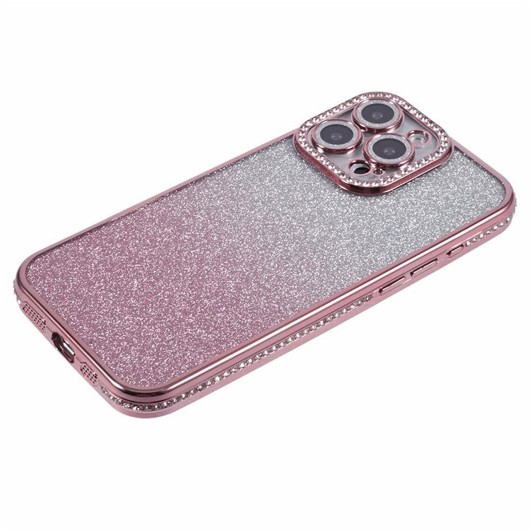 For iPhone 16 Pro Case Camera Lens Guard Clear Phone Back Cover Rhinestone Decor With Glitter Paper - Gradient Pink