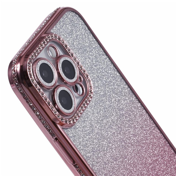 For iPhone 16 Pro Case Camera Lens Guard Clear Phone Back Cover Rhinestone Decor With Glitter Paper - Gradient Pink