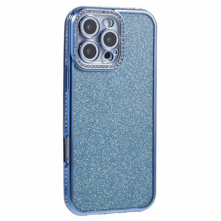 For iPhone 16 Pro Case Camera Lens Guard Clear Phone Back Cover Rhinestone Decor With Glitter Paper - Blue