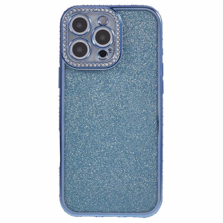 For iPhone 16 Pro Case Camera Lens Guard Clear Phone Back Cover Rhinestone Decor With Glitter Paper - Blue